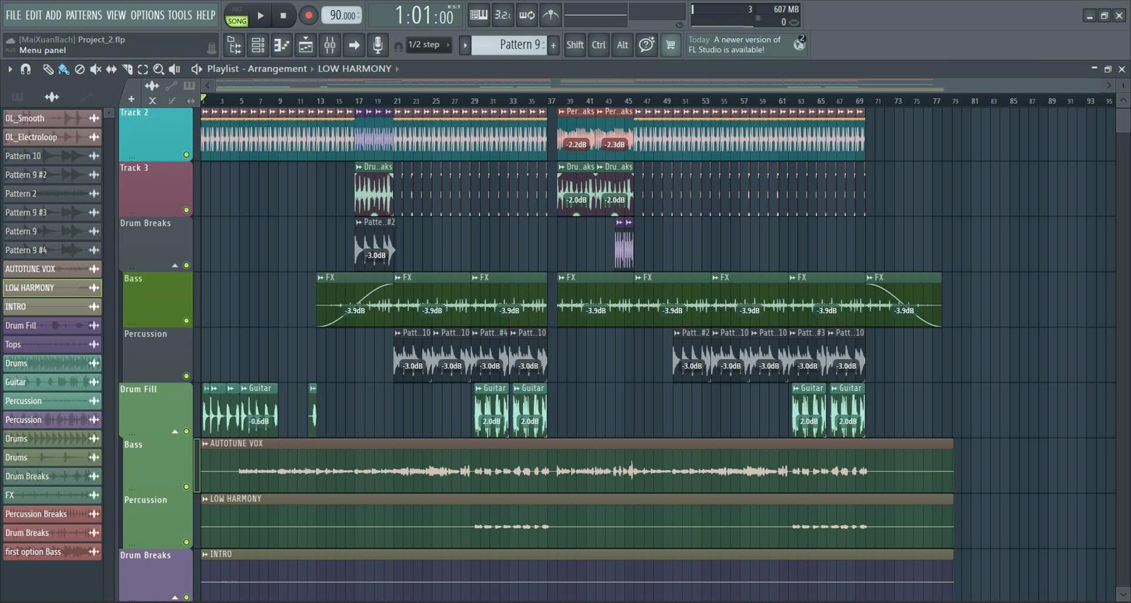 My FL Studio session for Myself Again: the beat, drum breaks, bass, percussion and guitar, with the vocal and harmony tracks underneath.
