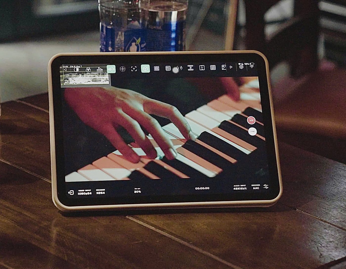 The camera monitor during the piano close-ups.