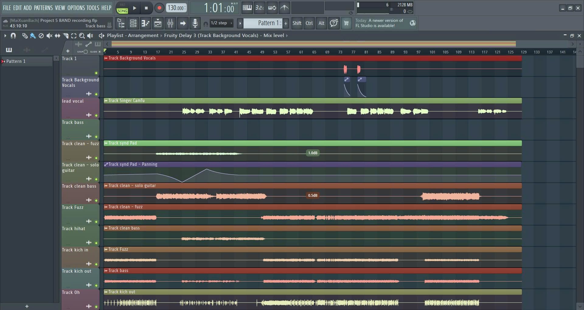 My FL Studio session for Possession: lead and backing vocals, my synth pad with its panning automation, clean and fuzz guitars, and bass.